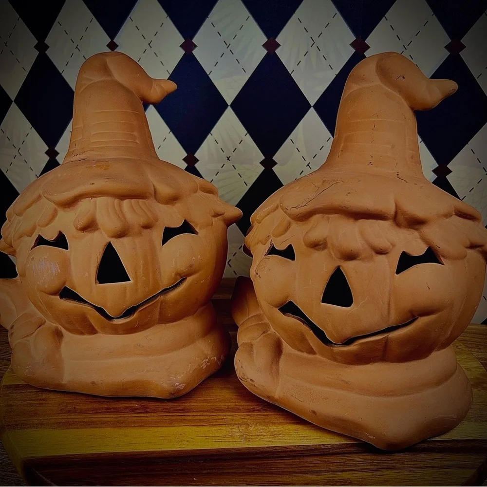 Large Terracotta Jack O‎ Lantern Scarecrow Pumpkin Candle Holder Witch Hat